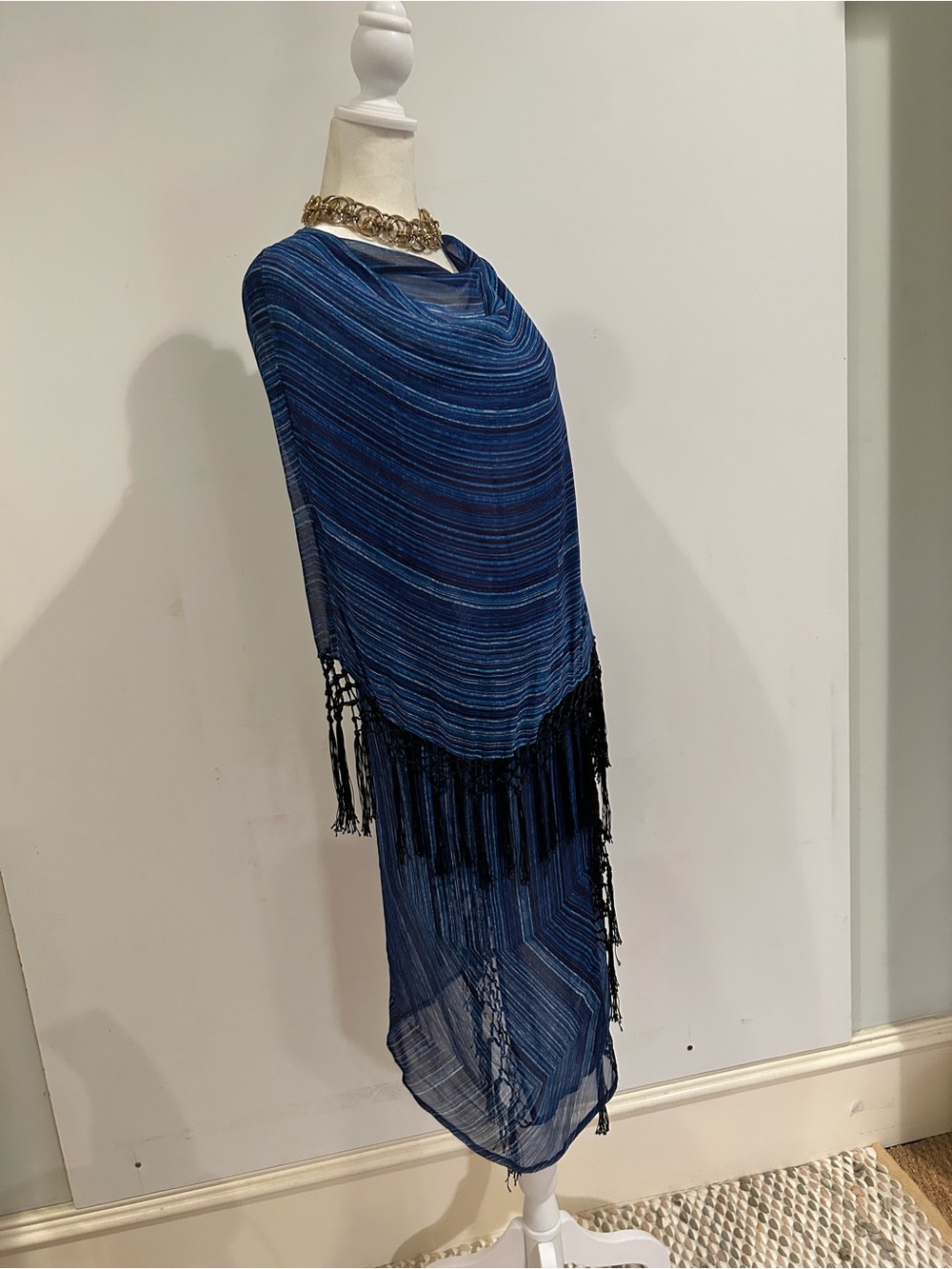Carlisle Elegant Navy Blue Fringe Shawl Scarf Resort Swimwear OS NWOT